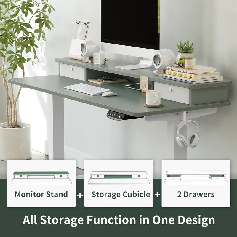 FEZIBO Height Adjustable Electric Standing Desk with Double Drawer, Stand Up Desk with Storage Shelf, Sit Stand Desk