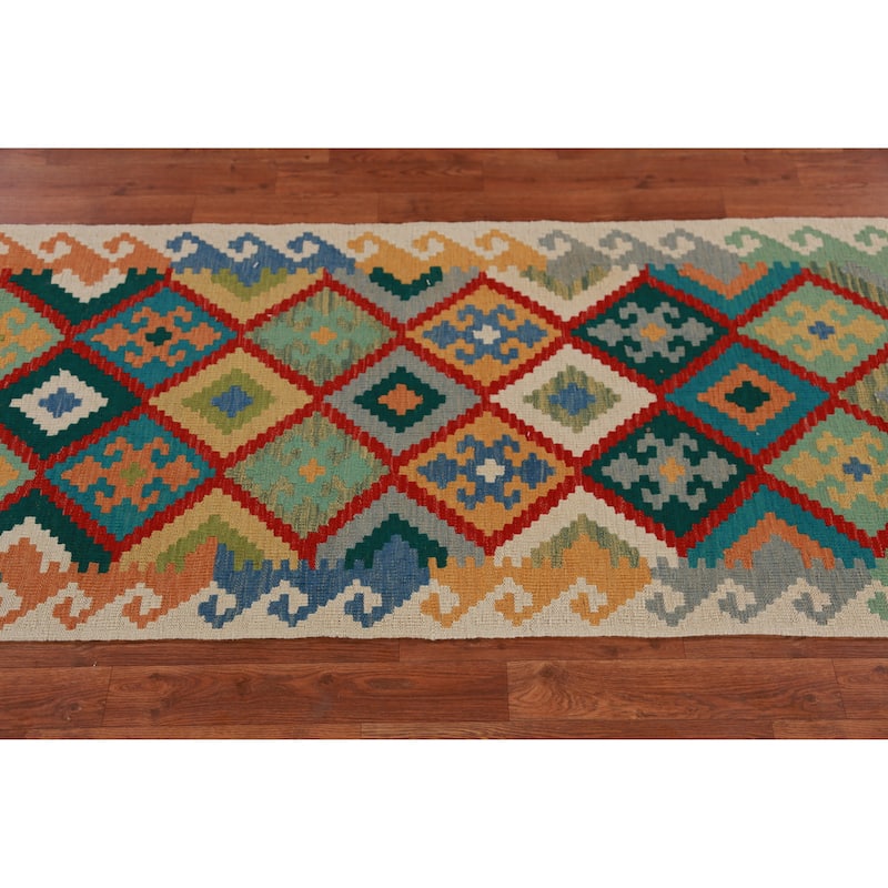 Geometric Kilim Oriental Runner Rug Hand-Woven Wool Carpet - 2'7" x 16'2"