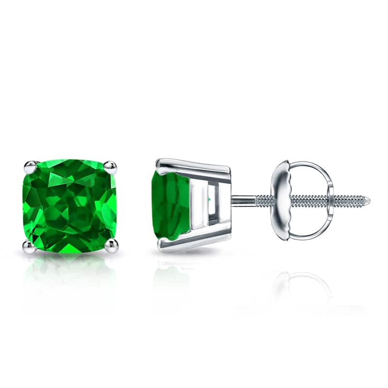 Auriya 14k Gold Lab Grown Gemstone Green Emerald Stud Earrings Cushion 0.25 to 5.00 ct. tw. 4-Prong Basket Screw-Back - 1.00ct tgw. - White