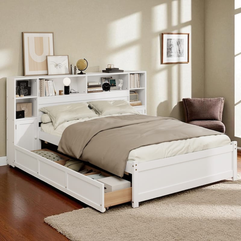 Twin Size Wooden Storage Bed with Bookcase Headboard, 6 Drawers, Shelves and USB Charging Station, White