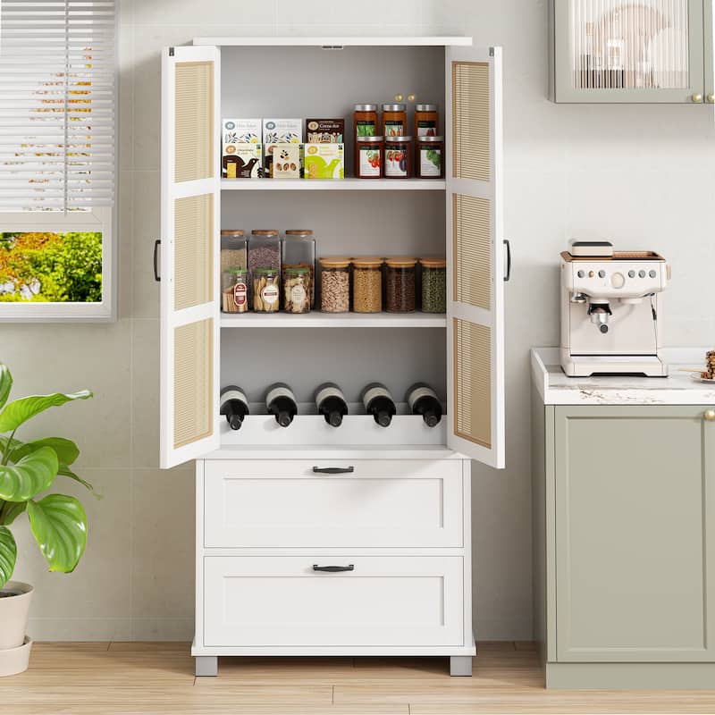 Rattan Door Pantry Storage Cabinet with Wine Rack - Freestanding Storage Organizer with Anti-Tip