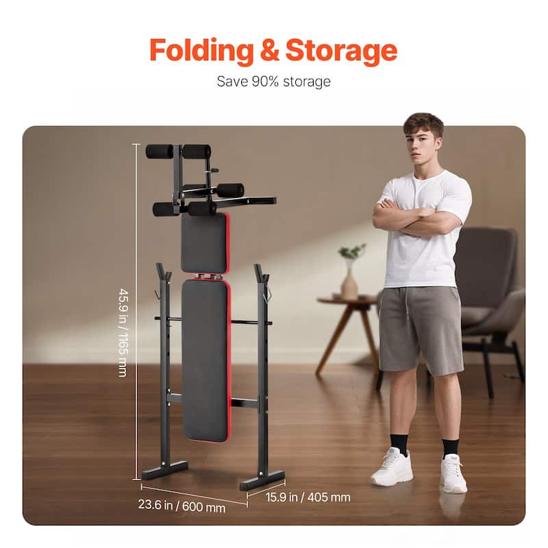 Black Steel Multi-Function Bench with Squat Rack & Foldable Design - 55.1x26.4x42.5 inch