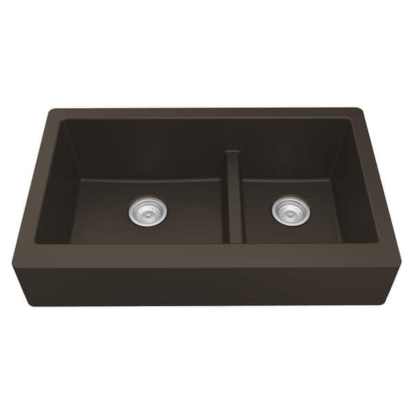 slide 19 of 58, Karran Retrofit Apron-Front Quartz Double Bowl Kitchen Sink Brown
