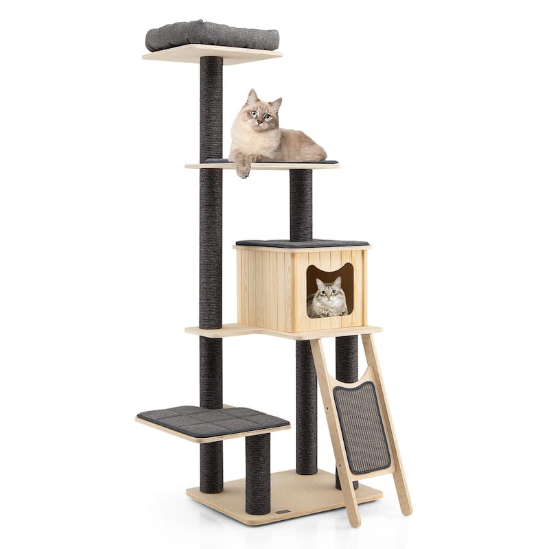 5-Tier Modern Wood Cat Tower with Washable Cushions-Grey