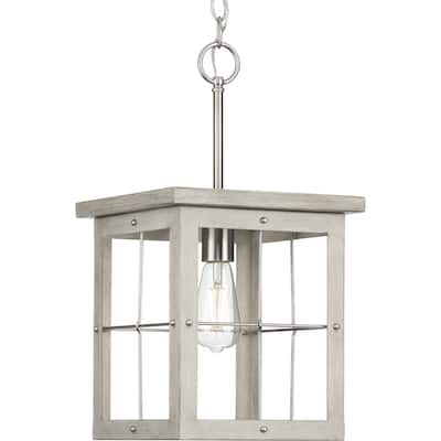 Hedgerow Collection 1-Light Grey Washed Oak Farmhouse Mini-Pendant Hanging Light - 10.375 in x 10.375 in x 19.375 in