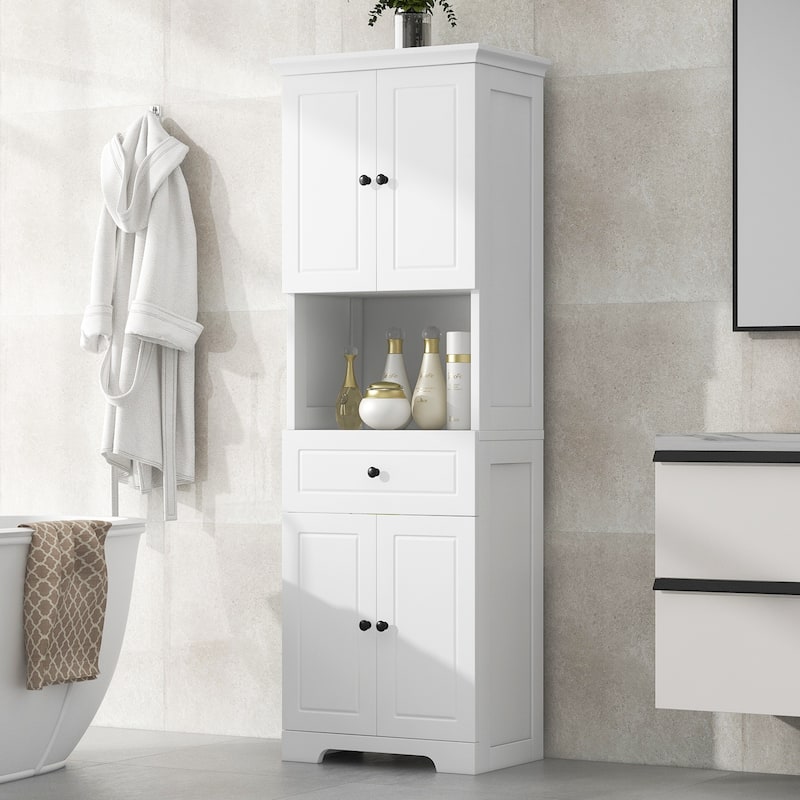 GDFStudio - Oliver Tall Bathroom Cabinet with Four Doors, Open Shelf, and Adjustable Storag - White