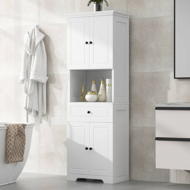 Tall Bathroom Cabinet with 4 Doors, Large Bathroom Moisture Proof Storage Cabinet with Open Shelves, Upper Storage Cabinet - White