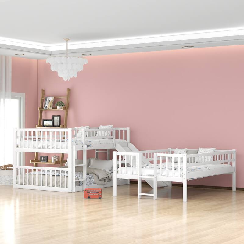 Triple Bunk Bed Full-Over-Full-Over-Full with Slide and Guardrails, Convertible Ladder, Durable Pine Wood Frame