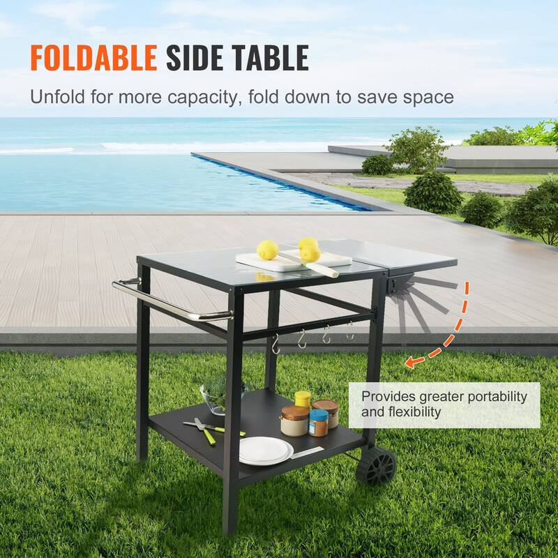 Black Metal BBQ Movable Prep Table with Foldable Side and Double Shelves, Wheels - 38.26” L x 25.19” W x 29.72” H