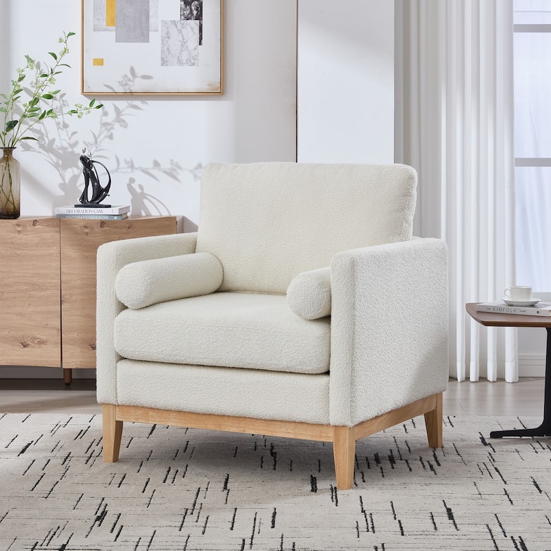 35.4 "Wide Accent Chair with Natural Wood Legs, Wood Base Reading Armchair Single Sofa with Two Bolster Pillows