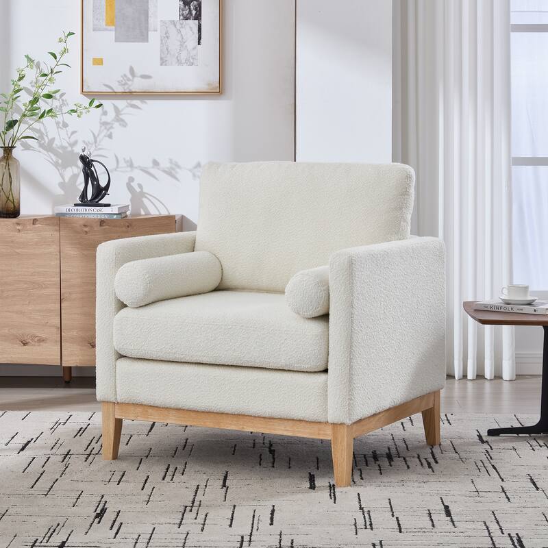 Roomfitters Boucle Accent Chair, Modern Farmhouse Armchair with Natural Wood Base and Bolster Pillows for Living Room or Office