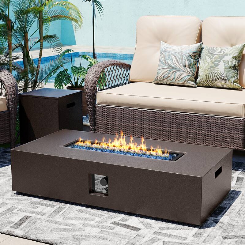 Patio Watcher Outdoor 56in. Rectangular Iron Fire Pit Table with Propane Tank Cover