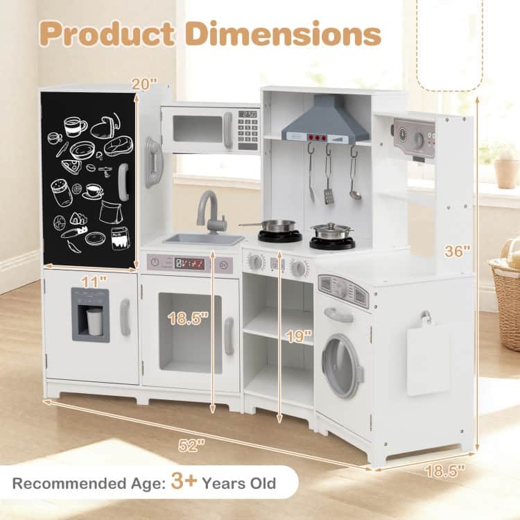 MDF Kids Corner Play Kitchen with Lights, Sounds and Ice Maker - 52" × 18.5" × 36"
