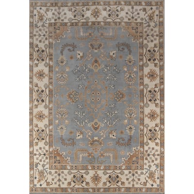 Blue Geometric Oushak Indian Area Rug Hand-Knotted Wool Carpet - 9'1" x 11'10"