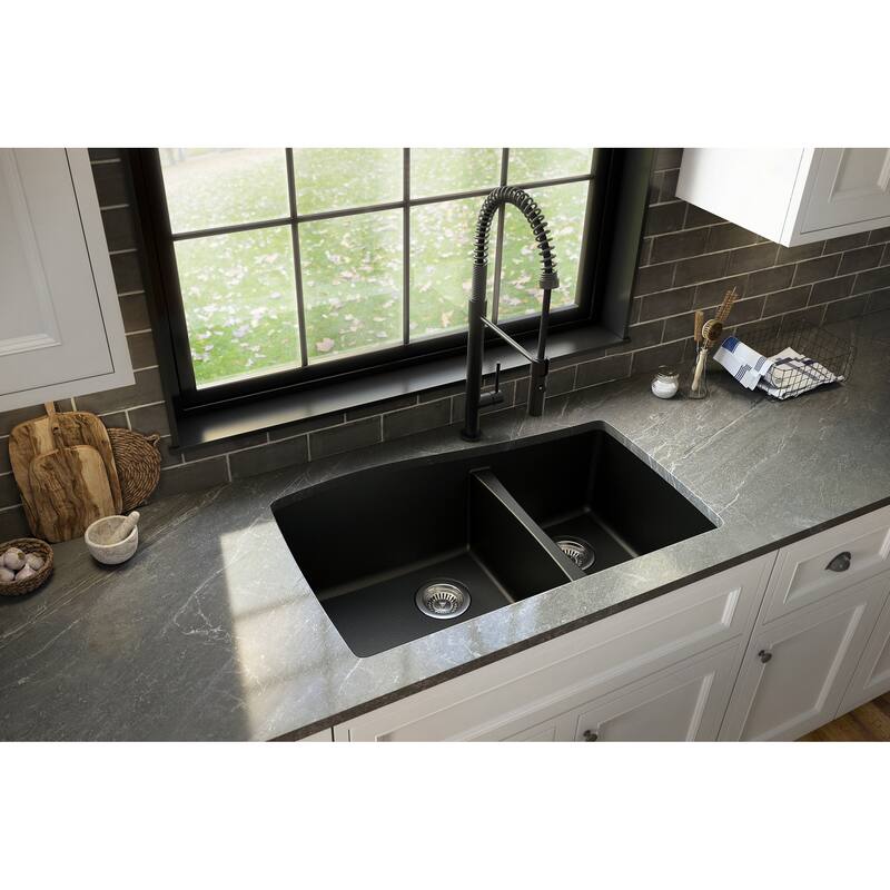 Karran Undermount Quartz 33 in. Double Bowl 60/40 Kitchen Sink with Bottom Grids and Strainers