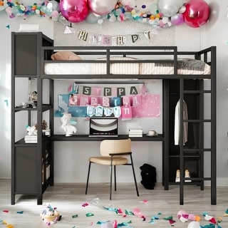 Full Size Metal Loft Bed with Wardrobe and Desk