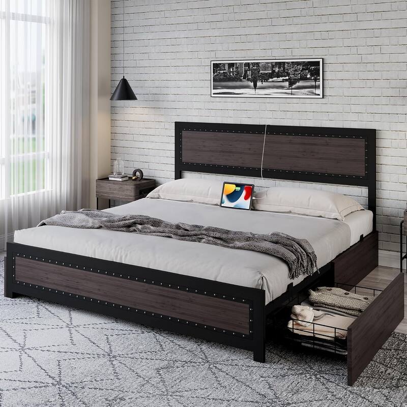 Platform Bed with Headboard, 4 Storage Drawers & Charging Station, Rivet Detail, Metal Slats, Gray