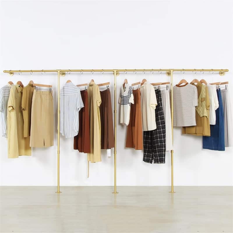 Gold pipe clothing rack for Hanging Clothes rack with 3 T-Bar Design - 11.8"D x 118"W x 63"H - Gold