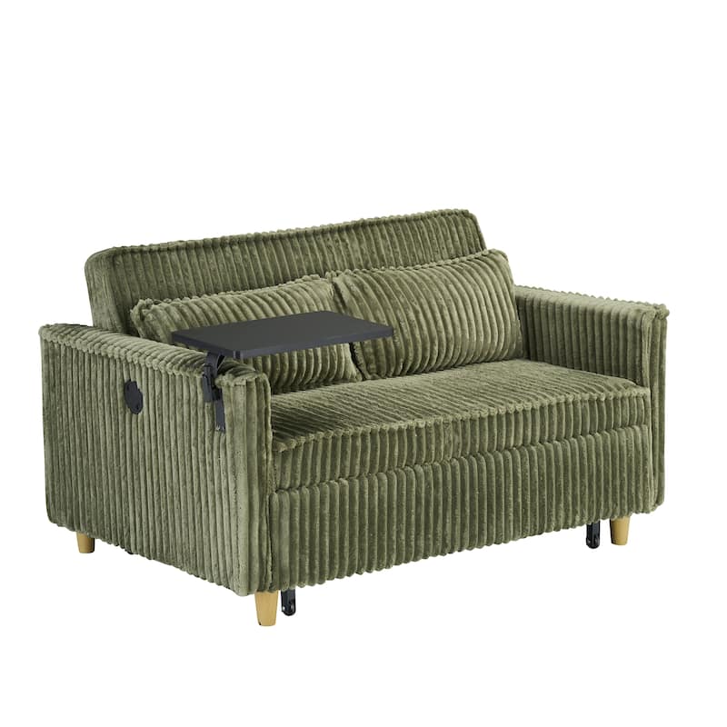 Anmytek Green Corduroy Multi-Functional Sliding Sofa with Mobile Tabletop USB Ports for Living Room Bedroom