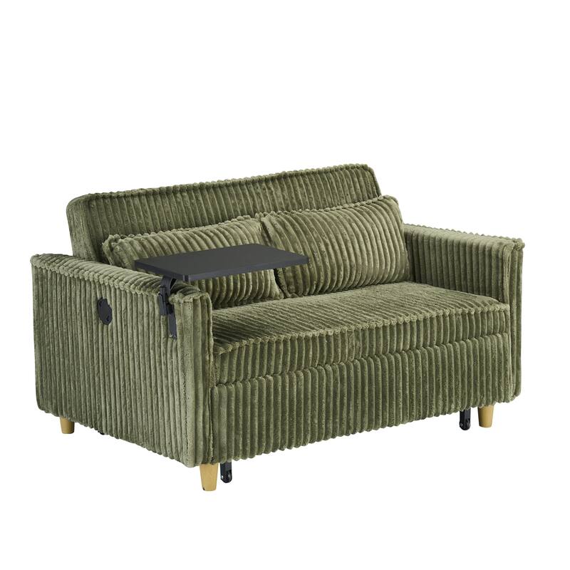 The pull-out and push-in green corduroy sofa with dual functions,equipped with a movable tabletop and USB ports