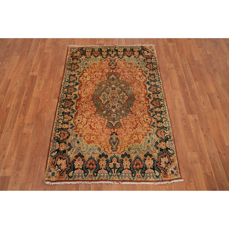 Hand Knotted Oriental 100% Wool Carpet Traditional Floral Oranges & Rust Sarouk Area Rug - 4' 11'' X 3' 3''