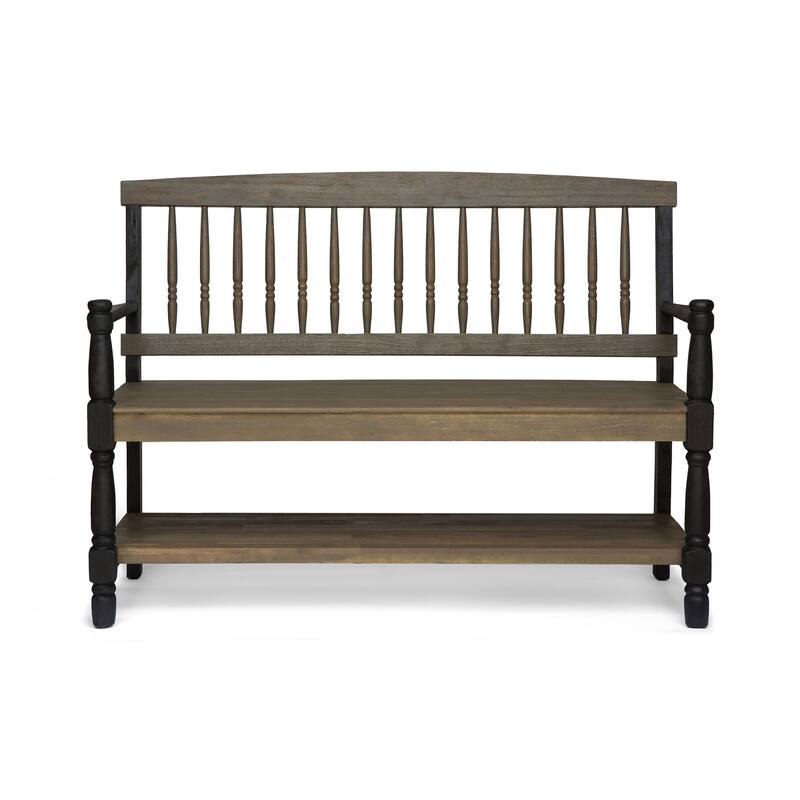 Roomfitters Imperial Farmhouse Bench with Storage Shelf, Acacia Wood and Black Frame