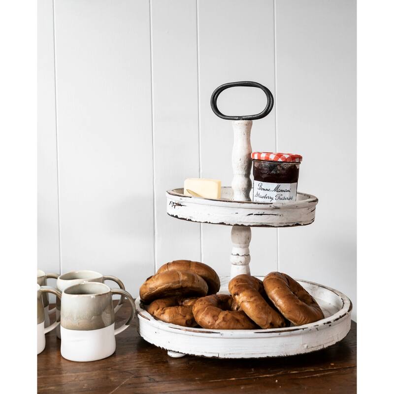 Distressed Wood 2-Tier Tray with Metal Handle