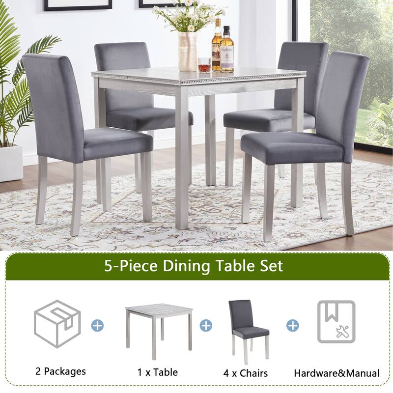 GDFStudio - Kingsley 5-Piece Classic Crystal Design Square Wooden Dining Table Set with 4 Upholstered Chairs