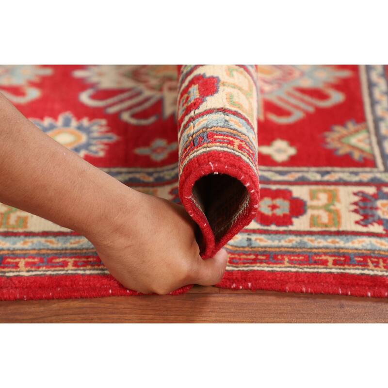 Geometric Red Kazak Foyer Rug Hand-Knotted Oriental Wool Carpet - 2'7" x 4'3"