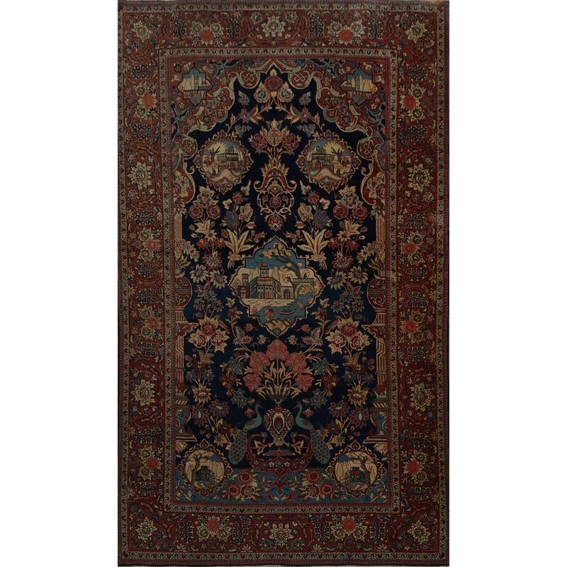 Hand Knotted Oriental 100% Wool Carpet Traditional Floral Navy Blue & Blues Kashan (Dabir) Area Rug - 7' 1'' X 4' 2''