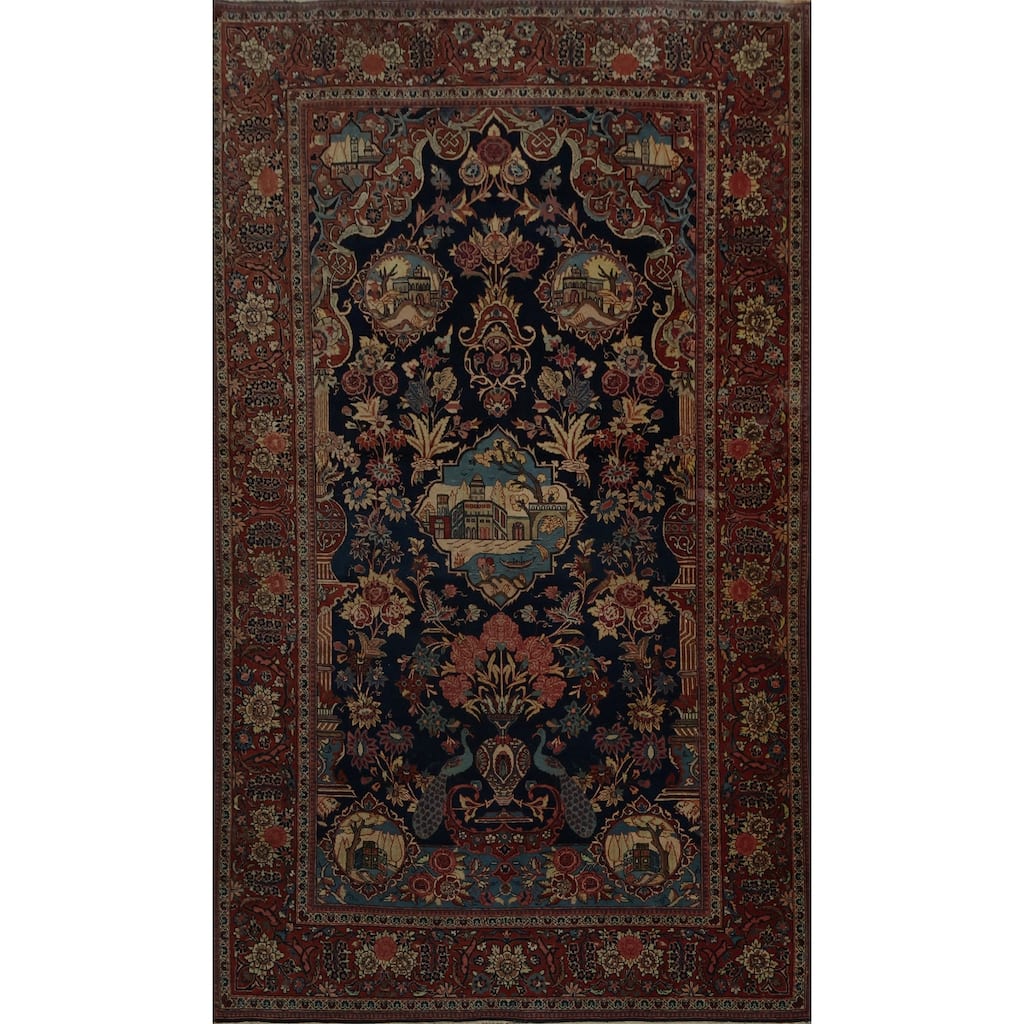 Hand Knotted Oriental 100% Wool Carpet Traditional Floral Navy Blue & Blues Kashan (Dabir) Area Rug - 7' 1'' X 4' 2''