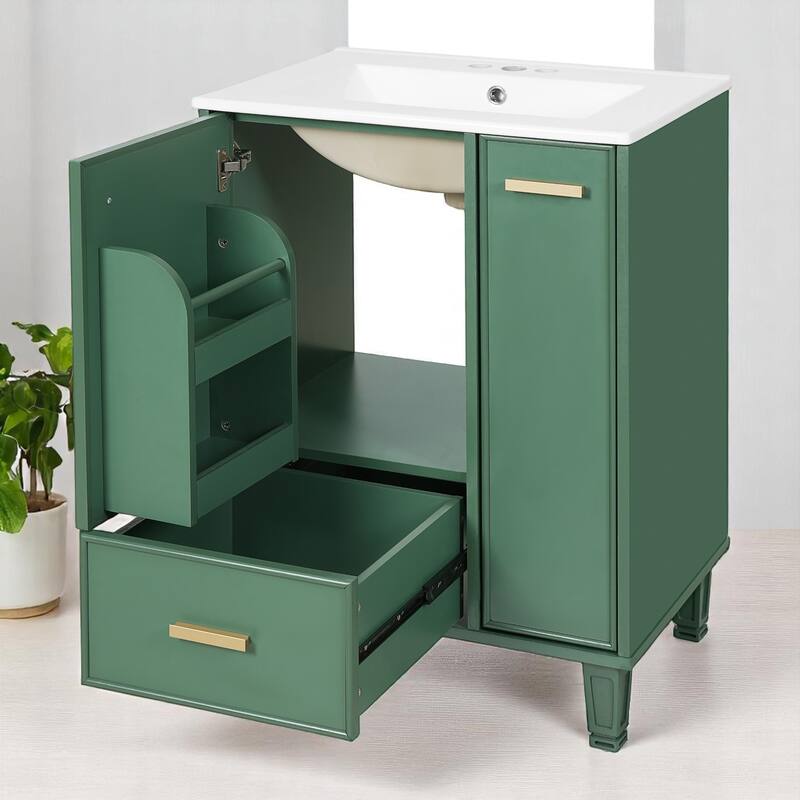 24" Bathroom Vanity with Sink, Freestanding Cabinet with Drawer, Pull-Out Basket & Shelf, Soft-Close Door, Ceramic Basin