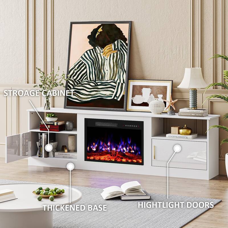 BOSSIN 70-inch TV Stand with 23" Electric Fireplace, Modern High-Gloss Entertainment Center for TVs up to 80" for Living Room