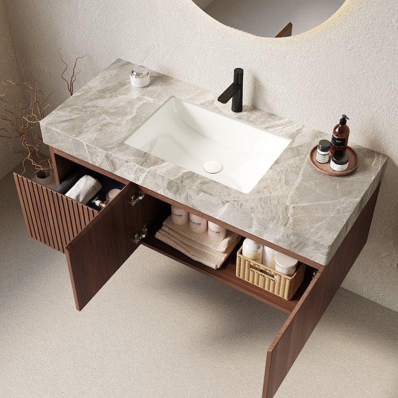 30"/36"/48" Wall-Mounted Bathroom Vanity with Ceramic Sink, Sintered Stone Countertop Floating Bathroom Storage Cabinet