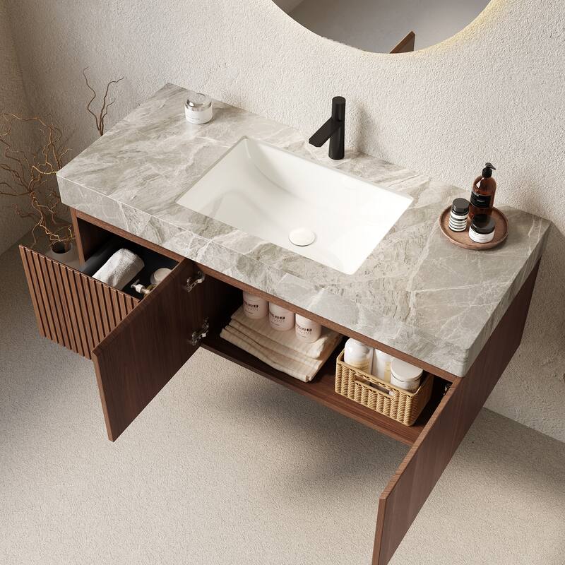 GDFStudio - Muri Modern 48" Floating Bathroom Vanity with Basin, Sintered Stone Countertop, Drawer & Double Doors - Brown Oak