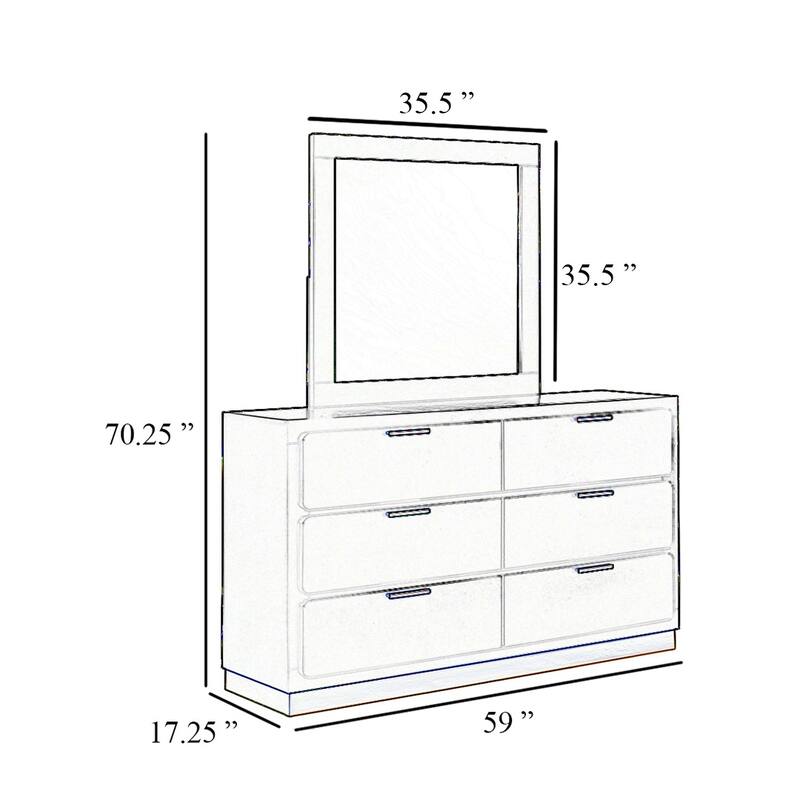 Caer Wide Dresser with Mirror, 6 Drawers, White Wood Frame, Gold Metal