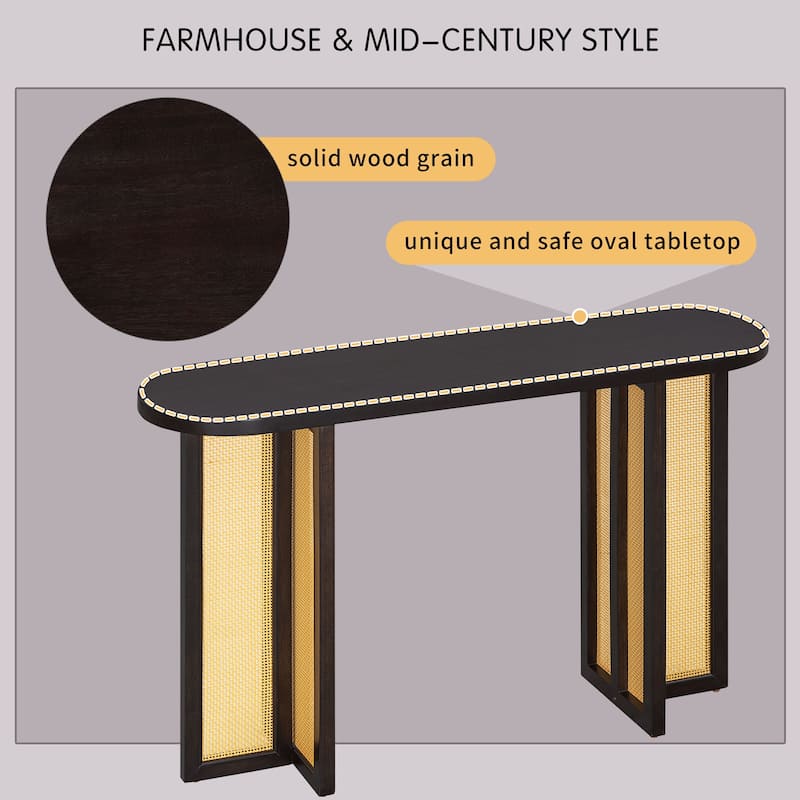 Acacia Veneer Rattan Console Table Narrow Hallway Tables with Oval Table Top, Entryway Table with Storage Drawers Brown