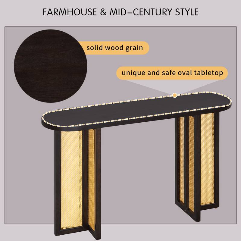 Farmhouse Rattan Console Table with Oval Top, Narrow Entryway Table Hallway Table Living Room Accent Table