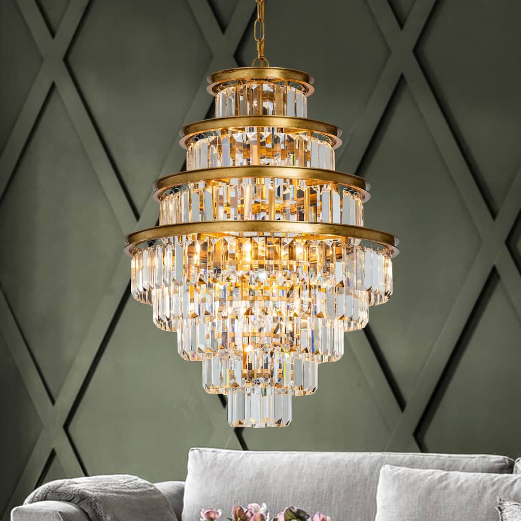 Elegant Matte Gold Tiered Crystal Chandelier 4/8 -Light Luxury Hanging Light For Living Room And Dining Room