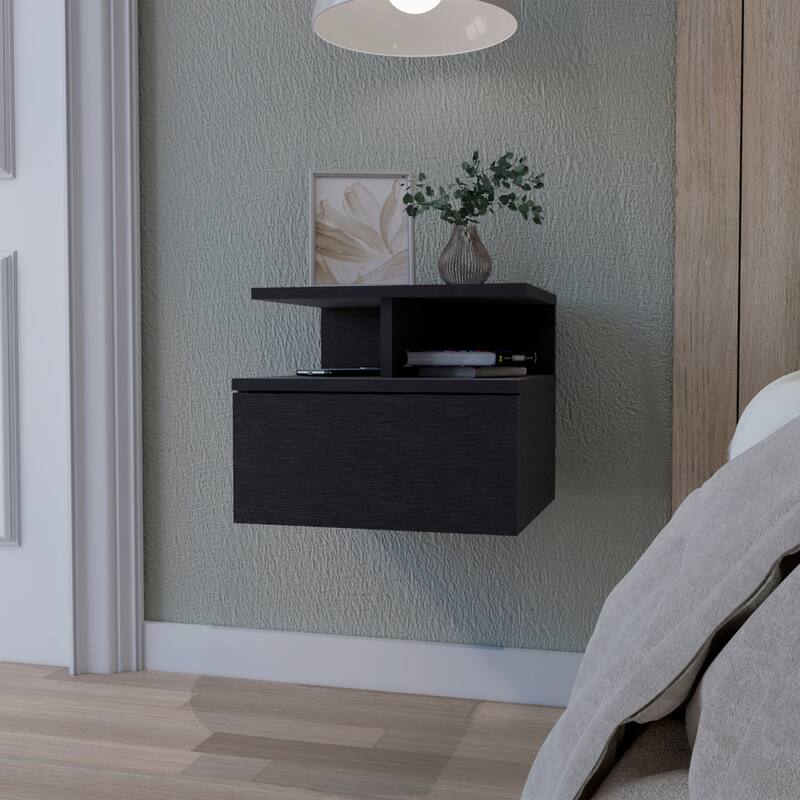 1-Drawer Floating Nightstand with Wall-Mounting and 2-Tier Shelf - Wenge