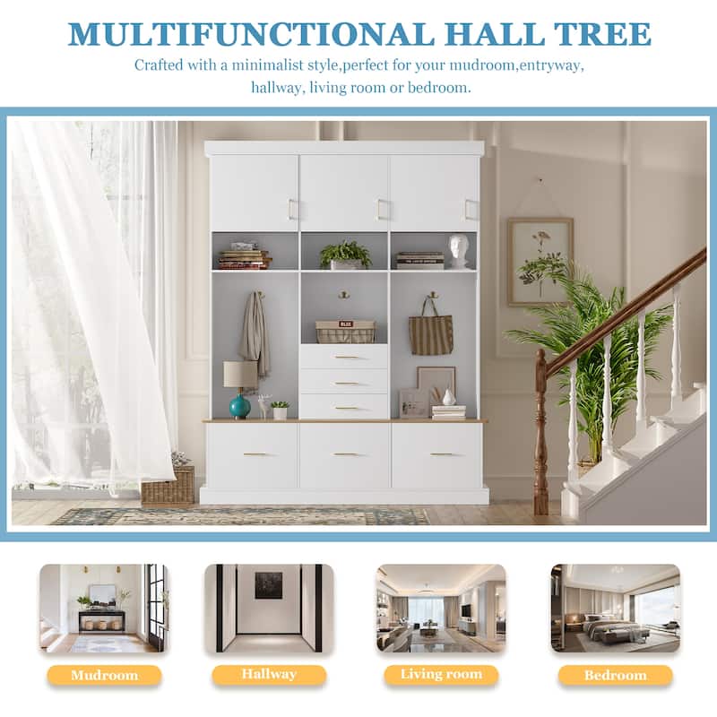 75" Entryway Hall Tree with Bench, Coat Rack, 6 Drawers, 3 Cabinets and Top Shelves, 5-in-1 Storage Organizer for Hallway