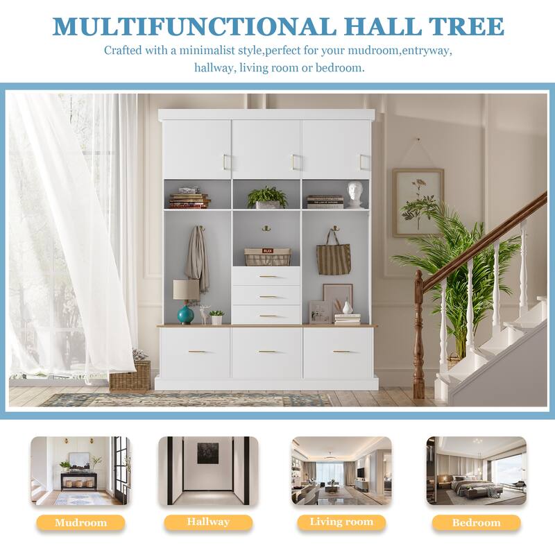75" Entryway Hall Tree with Bench 5-in-1 Modern Storage Bench with Coat Rack, 6 Drawers, Cabinets & Shelves for Hallway, Mudroom