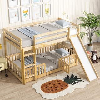 Twin Over Twin Low Pine Wood Bunk Bed with Guardrails, Slide and Ladder for Kids, No Slats Toddler Floor Bed with Fence and Door