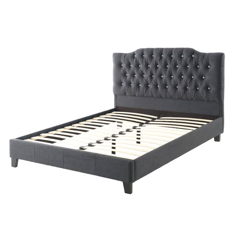 Magnificent Wooden Queen Bed With Polyfiber Tufted Head Board, Blue Gray