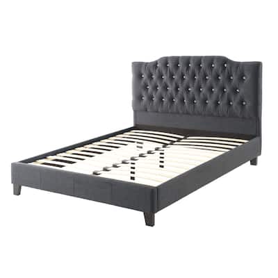 Magnificent Wooden Queen Bed With Polyfiber Tufted Head Board, Blue Gray