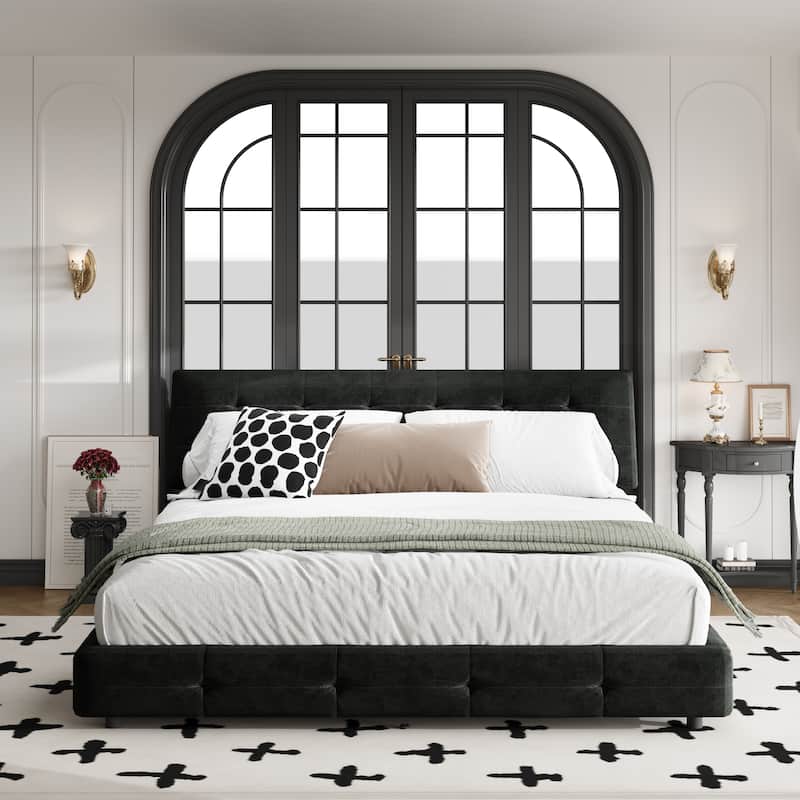 King Size Bed Frame,Tufted Headboard with Extra-Large Ultra-Soft Cloud Pillow Design,Chenille Platform Bed