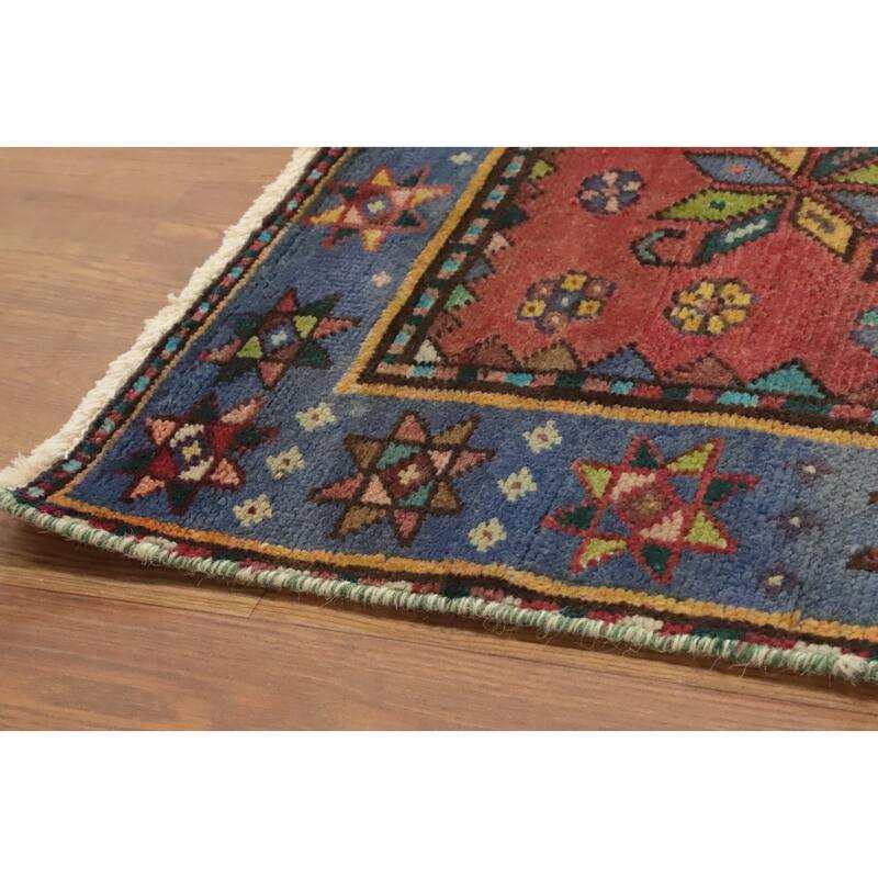 Hand Knotted Oriental 100% Wool Carpet Traditional Geometric Oranges & Rust Heriz Runner Rug - 12' 0'' X 3' 7''