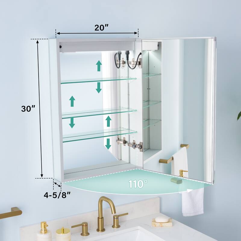 30" H Recessed or Surface LED Mirror Cabinet with Adjustable Glass Shelves,Defogger, Dimmer And Outlets & USB Ports