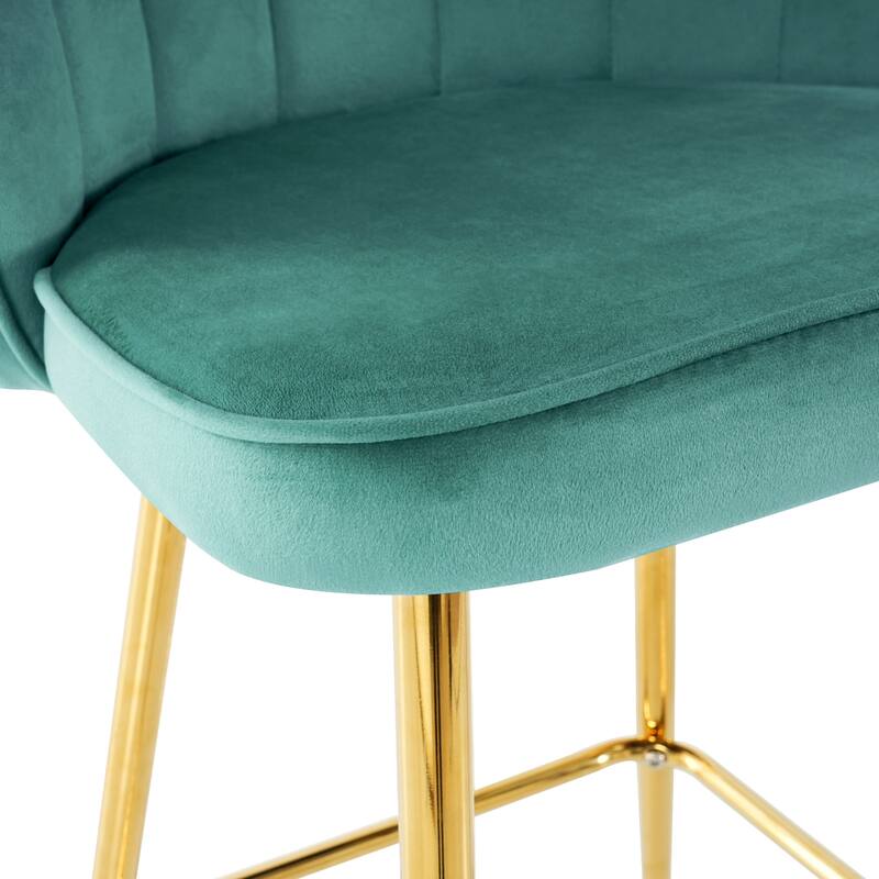 Velvet Shell Bar Stools Set of 2, Counter Height Chairs with Metal Legs, Upholstered Kitchen Island Chairs with Footres