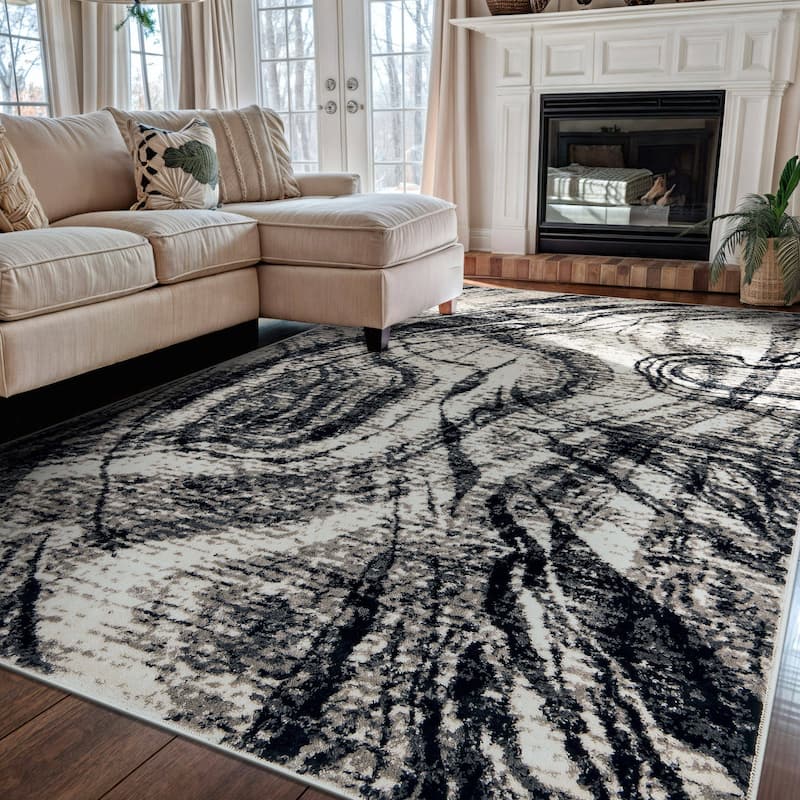 Distressed Abstract Black Ivory Gray Stylish Area Rug for Any Room